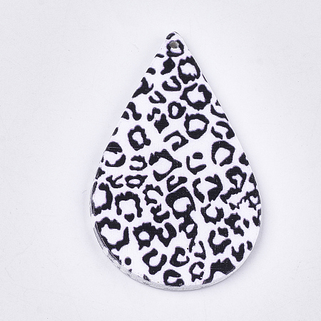 Honeyhandy Printed Wooden Big Pendants, Dyed, Teardrop with Leopard Print, Colorful, 59x36x2.5mm, Hole: 1.5mm