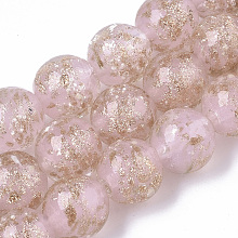 Honeyhandy Handmade Gold Sand Lampwork Beads Strands, Luminous, Round, Pink, 11.5~12.5x11~12mm, Hole: 1mm, about 45pcs/Strand, 19.69 inch