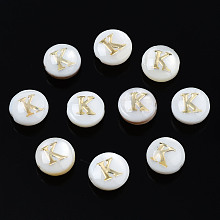 Honeyhandy Natural Freshwater Shell Beads, with Golden Plated Brass Etched Metal Embellishments, Flat Round with Letter, Seashell Color, Letter.K, 6x4mm, Hole: 0.8mm