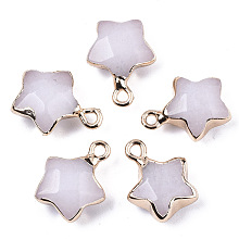 Honeyhandy Natural White Jade Pendants, with Light Gold Plated Edge and Brass Loop, Star, Faceted, 16~17x13x6.5mm, Hole: 1.6mm