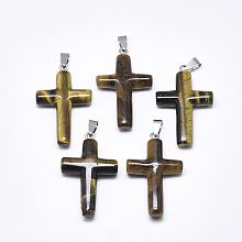 Honeyhandy Natural Tiger Eye Pendants, with Stainless Steel Snap On Bails, Cross, Stainless Steel Color, 44~46x28x8mm, Hole: 3~4x7~8.5mm