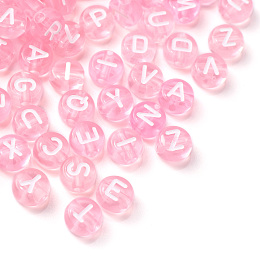 Honeyhandy Transparent Pink Acrylic Beads, Horizontal Hole, Mixed Letters, Flat Round with White Letter, 7x4mm, Hole: 1.5mm, 100pcs/Bag