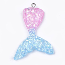 Honeyhandy Resin Pendants, with Glitter Powder and Iron Findings, Mermaid Tail Shape, Platinum, PeachPuff, 46x30x6mm, Hole: 2mm