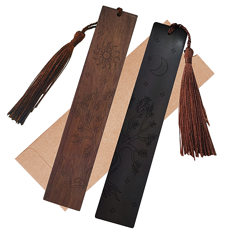 CRASPIRE 1 set Rosewood & African Blackwood Bookmarks Set, Laser Engraving, Rectangle, Tree Pattern, 148x25mm, 2pcs/set