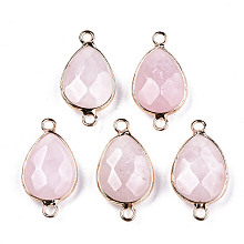 Honeyhandy Natural Rose Quartz Links Connectors, with Light Gold Tone Brass Findings, Faceted Teardrop, 27x14x6mm, Hole: 2mm