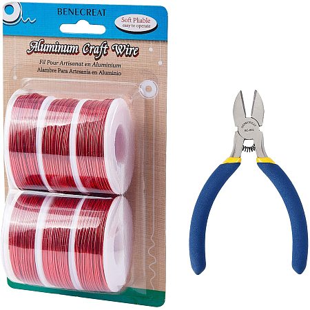 BENECREAT 6 Rolls 18 Gauge Aluminum Craft Wire with Side Cutting Plier, 450 Feet Jewelry Beading Wire Bendable Metal Wire for Jewelry Making Craft, Red