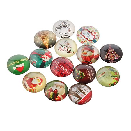 NBEADS 200 Pcs Christmas Ornaments Half Round/Dome Christmas Photo Glass Cabochons, Mixed Color, 12x4mm