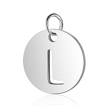 Honeyhandy 304 Stainless Steel Charms, Flat Round with Letter, Stainless Steel Color, Letter.L, 12x1mm, Hole: 2.5mm