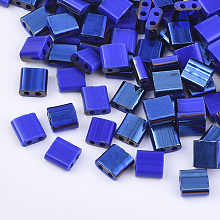 Honeyhandy 2-Hole Glass Seed Beads, Half Blue Plated Colours, Square, Blue, 5x4.5~5.5x2~2.5mm, Hole: 0.5~0.8mm, about 118pcs/10g