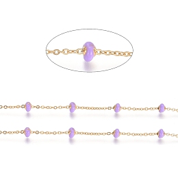 Honeyhandy Stainless Steel Satellite Chains, with Enamel Beads and Spool, Soldered, Long-Lasting Plated, Flat Round, Golden, Lilac, 1.5x1.2x0.3mm, about 32.8 Feet(10m)/roll