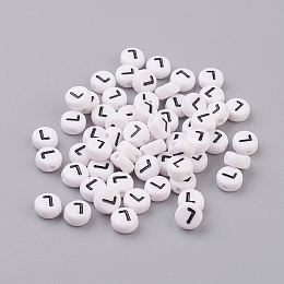 Honeyhandy Flat Round with Letter L Acrylic Beads, with Horizontal Hole, White & Black, about 7mm in diameter, hole: about 1mm