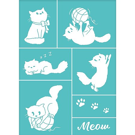 OLYCRAFT 2PCS Self-Adhesive Silk Screen Printing Stencil Reusable Pattern Stencils Playing Cat for Painting on Wood Fabric T-Shirt Wall and Home Decorations-7.6x 5.5Inch