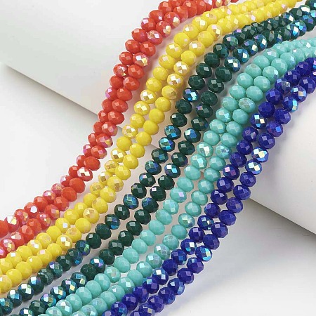 Honeyhandy Electroplate Opaque Solid Color Glass Beads Strands, Half Rainbow Plated, Faceted, Rondelle, Mixed Color, 6x5mm, Hole: 1mm, about 85~88pcs/strand, 16.1~16.5 inch(41~42cm)
