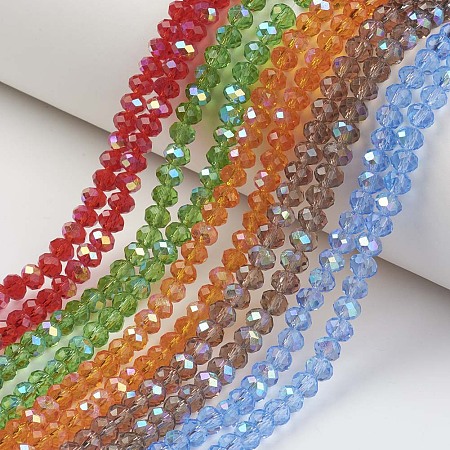 Honeyhandy Electroplate Glass Beads Strands, Half Rainbow Plated, Faceted, Rondelle, Mixed Color, 6x5mm, Hole: 1mm, about 85~88pcs/strand, 16.1~16.5 inch(41~42cm)