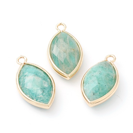 Honeyhandy Natural Amazonite Pendants, with Golden Brass Edge, Faceted, Horse Eye, 22x12x5.5mm, Hole: 1.8mm