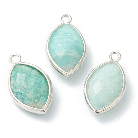 Honeyhandy Natural Amazonite Pendants, with Platinum Brass Edge, Faceted, Horse Eye, 22x12x5.5mm, Hole: 1.8mm
