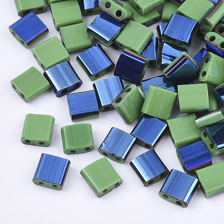 2-Hole Glass Seed Beads, Half Blue Plated Colours, Square, Light Green, 5x4.5~5.5x2~2.5mm, Hole: 0.5~0.8mm, about 118pcs/10g