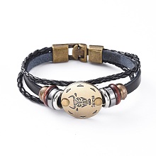 Honeyhandy Braided Leather Cord Retro Multi-strand Bracelets, with Wood Beads, Hematite Beads and Alloy Findings, Flat Round,  Antique Bronze, Taurus, 8-1/4 inch(21cm)