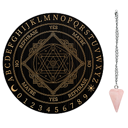 AHANDMAKER 1Pc Cone/Spike/Pendulum Natural Rose Quartz Stone Pendants, 1Pc 304 Stainless Steel Cable Chain Necklaces, 1Pc PVC Custom Pendulum Board, Dowsing Divination Board, Star of David Pattern, Board: 200x4mm