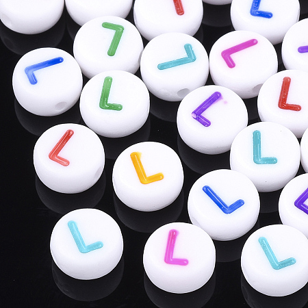 Honeyhandy Initial Acrylic Beads, Horizontal Hole, Flat Round, Mixed Color, Letter.L, 7x3.5~4mm, Hole: 1.2mm