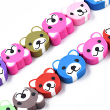 Honeyhandy Handmade Polymer Clay Bead Strands, Bear Head, Colorful, 7.5~10x9~11x4mm, Hole: 1.6mm, about 37~40pcs/strand, 13.58 inch~15.35 inch(34.5~39cm)