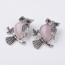 Honeyhandy Natural Rose Quartz Pendants, with Alloy Finding, Owl, Antique Silver, 46.5x35.5x11.5mm, Hole: 6x8.5mm