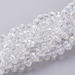 Honeyhandy Glass Beads Strands, Pearl Luster Plated, Crystal Suncatcher, Faceted Rondelle, Clear, 12x8mm, Hole: 1mm, about 68~70pcs/strand, 22.83 inch~23.23 inch(58~59cm)