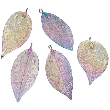 Arricraft 10pcs Nature Filigree Long Leaf Pendant Dangle Leaf Pendant Multi-Color Plated for Necklce Earrings Making
