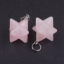 Honeyhandy Natural Rose Quartz Pendants, with 201 Stainless Steel Split Rings, Stainless Steel Color, Merkaba Star, 22~23x16.5~17x19mm, Hole: 6mm