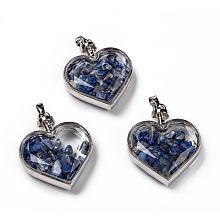 Honeyhandy Glass Bottle Pendants, with Natural Lapis Lazuli Chips and Platinum Plated Alloy Findings, Heart, 40x32.5x11mm, Hole: 8x5mm