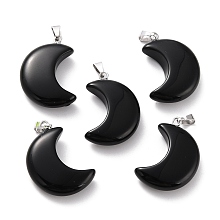 Honeyhandy Natural Obsidian Pendants, with Platinum Brass Loops, Moon, 29x18~21x7~10mm, Hole: 6x3mm