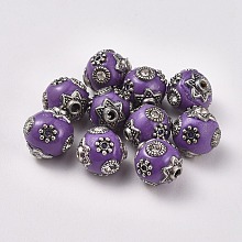 Honeyhandy Handmade Indonesia Beads, with Metal Findings and Crystal Rhinestones, Round, Antique Silver, Purple, 11x10~11mm, Hole: 1.5~2mm