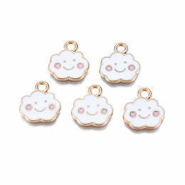 Honeyhandy Alloy Enamel Charms, Cloud, with Smile Face, Light Gold, White, 13x12x1mm, Hole: 1.8mm