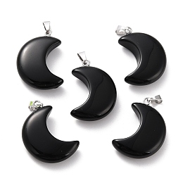 Honeyhandy Natural Obsidian Pendants, with Platinum Brass Loops, Moon, 29x18~21x7~10mm, Hole: 6x3mm