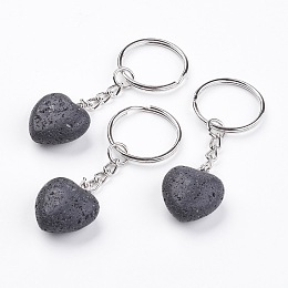 Honeyhandy Natural Lava Rock Keychain, with Platinum Iron Findings, Heart, 72mm