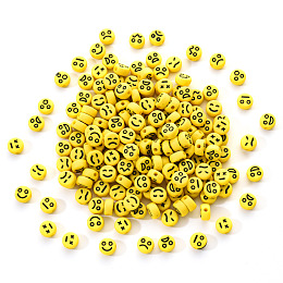 Honeyhandy Opaque Acrylic Beads, Flat Round with Black Random Expression, Champagne Yellow, 7x4mm, Hole: 1.6mm, 200pcs/set