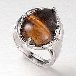 Honeyhandy Teardrop Platinum Tone Brass Gemstone Adjustable Wide Band Rings, Tibetan Agate, 18mm, Tray: 20x17mm