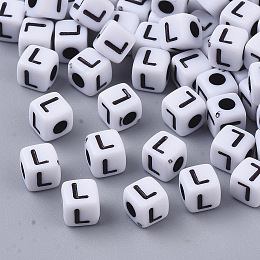 Honeyhandy White Opaque Acrylic Beads, Horizontal Hole, Cube with Black Alphabet, Letter.L, 4~5x4~5x4~5mm, Hole: 1.8mm, about 647~650pcs/50g