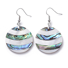 Honeyhandy White Shell & Abalone Shell/Paua Shell Dangle Earrings, with Brass Ice Pick Pinch Bails and Earring Hooks, Flat Round, Platinum, 50mm, Pin: 0.7mm