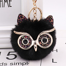 Honeyhandy Pom Pom Ball Keychain, with KC Gold Tone Plated Alloy Lobster Claw Clasps, Iron Key Ring and Chain, Owl, Black, 12cm