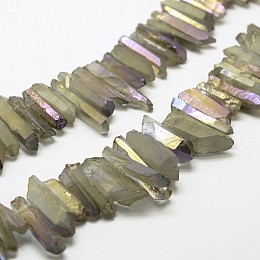 Honeyhandy Electroplated Natural Quartz Crystal Beads Strands, Nuggets, Tusk Shape, AB Color, Dyed, Dark Khaki, 7~15x18~60mm, Hole: 1mm, about 46pcs/strand, 16 inch