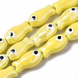 Honeyhandy Handmade Porcelain Ceramic Beads Strands, Bright Glazed Porcelain, Fish, Yellow, 19x10x8mm, Hole: 1.5mm, about 17pcs/strand, 12.40 inch(31.5cm)