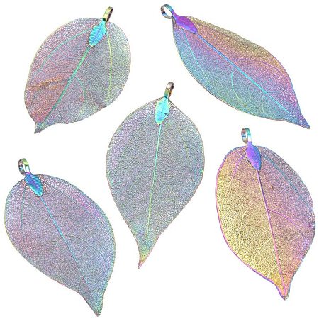 Pandahall Elite 10pcs Natural Filigree Long Leaf Pendant for Necklace Earrings Making Fashion Gifts for Women Girls - Multi-Color Plated