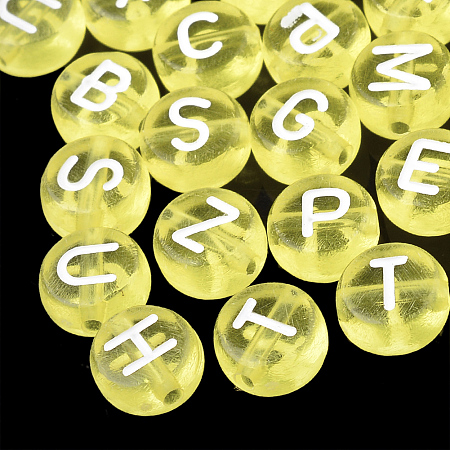 Honeyhandy Transparent Acrylic Beads, Horizontal Hole, Mixed Letters, Flat Round, Yellow, 7x4mm, Hole: 1.5mm, about 3700pcs/500g