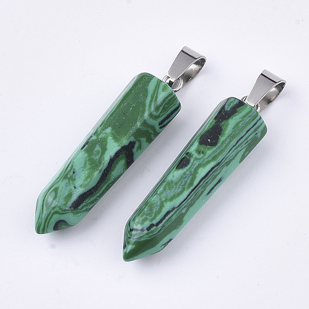 Honeyhandy Synthetic Malachite Point Pendants, with Platinum Plated Brass Findings, Bullet, 35~37x10~11x9~10mm, Hole: 6~7x2.5~4mm