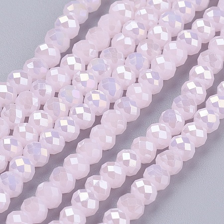 Honeyhandy Electroplate Glass Bead Strands, Full Luster Plated, Faceted, Rondelle, Pink, 3x3mm, Hole: 1mm, about 139pcs/strand, 14 inch