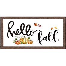 FINGERINSPIRE Hello Fall Art Sign Solid Wood Framed Block Sign Pumpkin Pattern Funny Farmhouse Decor Sign with Arylic Layer 13x7 Inch Large Hangable Wooden Frame for Home Decor