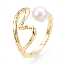 Honeyhandy Brass Hollow Heart Open Cuff Rings with Natural Pearl, Real 18K Gold Plated, Inner Diameter: 17mm