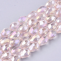 Honeyhandy Electroplate Glass Beads Strands, AB Color Plated, Faceted, Teardrop, Pink, 7.5~8x6mm, Hole: 1mm, about 66~68pcs/strand, 22.6 inch