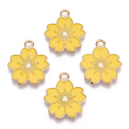 Honeyhandy Alloy Enamel Pendants, Sakura Flower, Light Gold, Gold, 20.5x17.5x1.5mm, Hole: 2mm